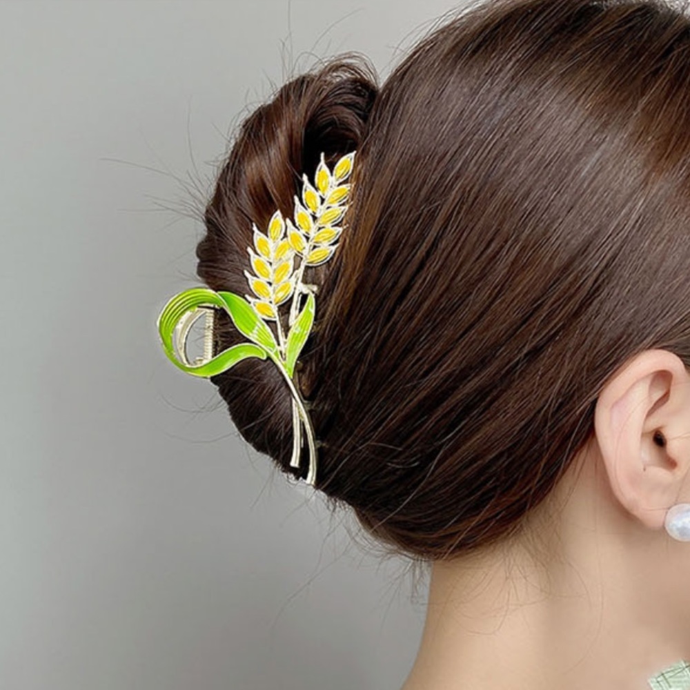NEW Warm Silver Metal Yellow Wheat Green Leaves Hair Claw - Picture 4 of 8